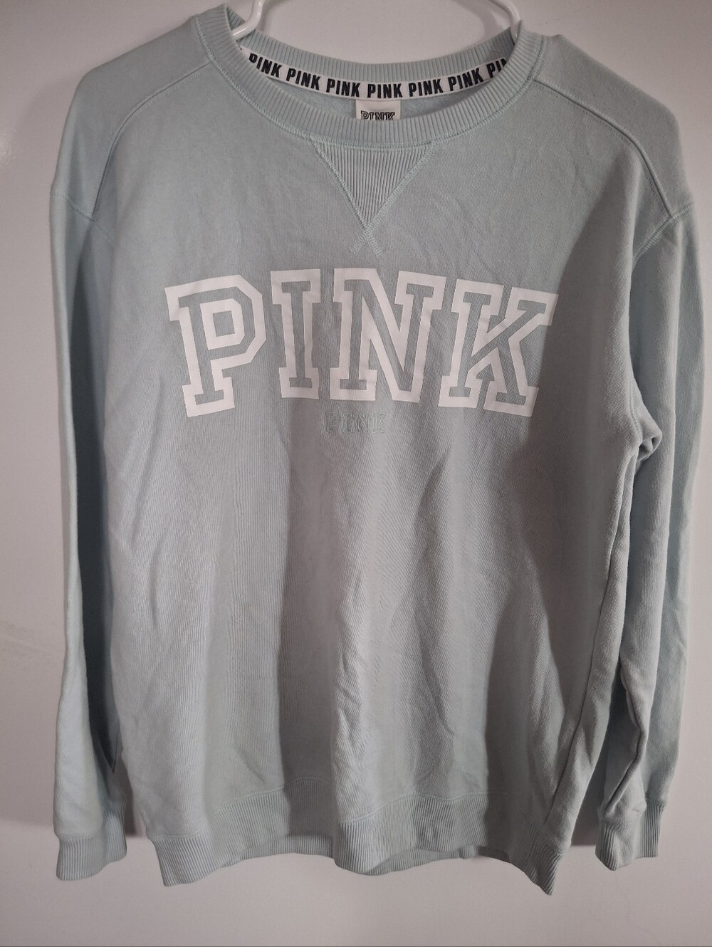 PINK Victoria's Secret Women's Crewneck Sweatshirt in Sage Green with White Logo